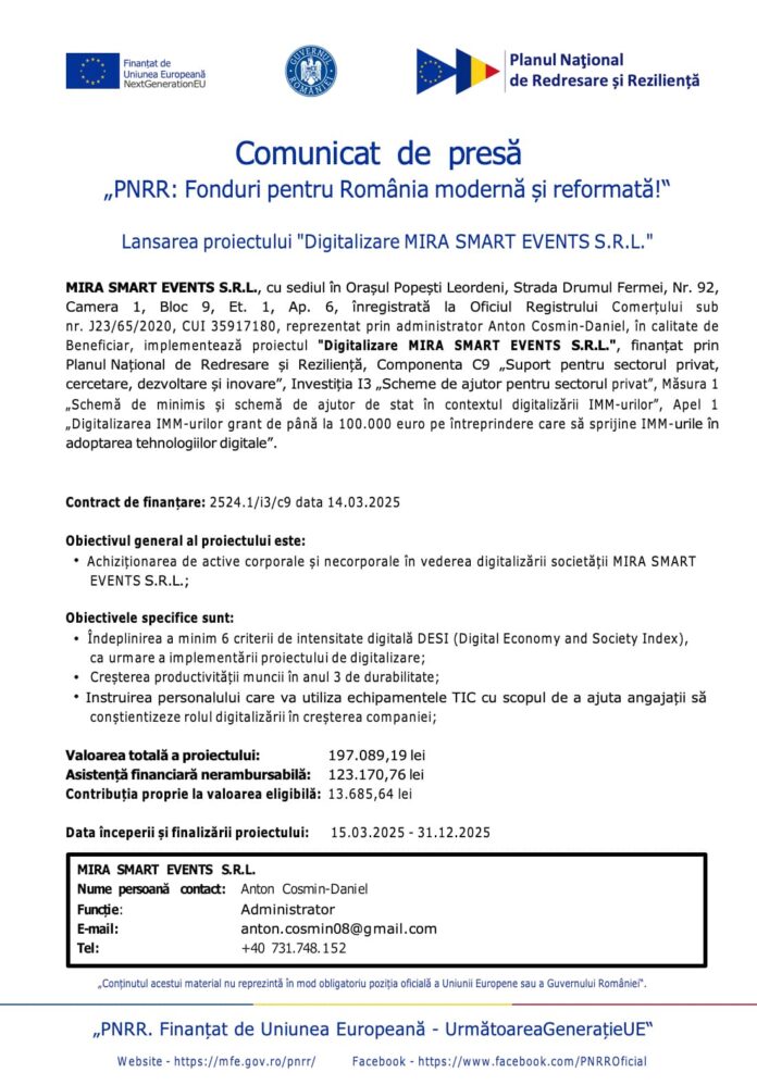 Comunicat de presa pnrr - digitalizare mira smart events S.R.L